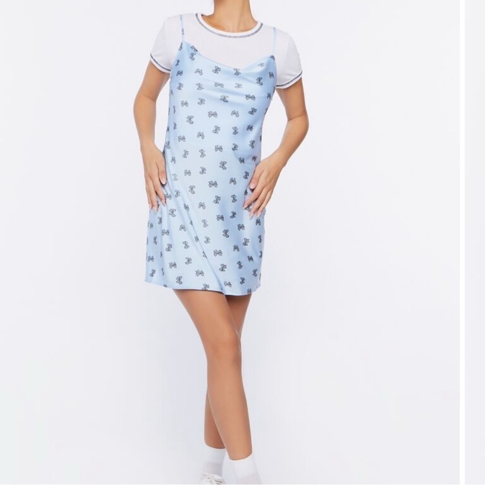 Forever 21 Women Blue Bow Print Satin Slip Mini Dress - Picture 10 of 11